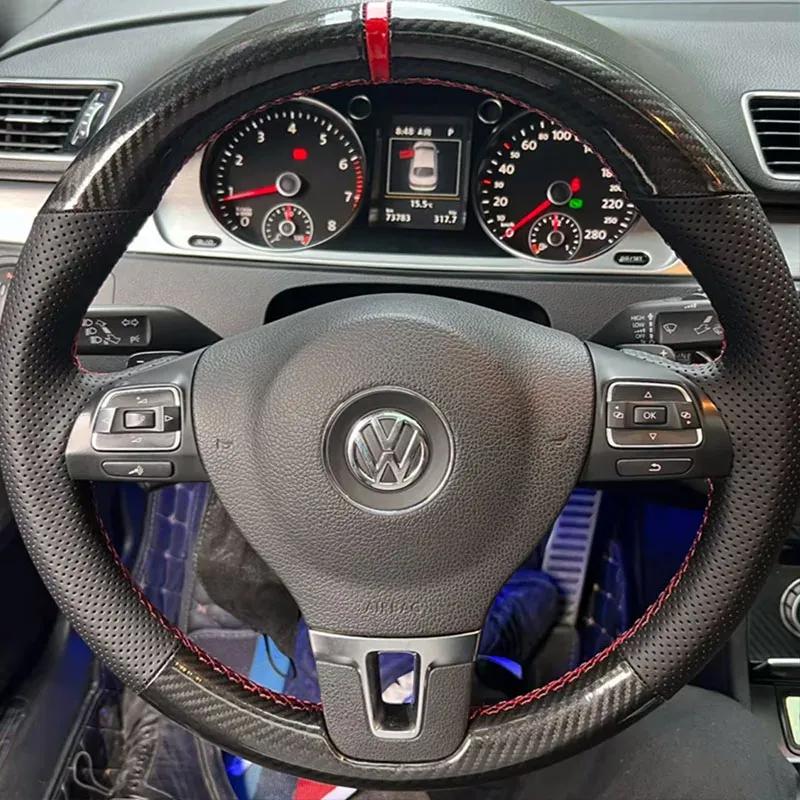 For Volkswagen Golf 6 Mk6 Polo Sagitar Bora Santana Jetta Mk6 Leather Hand-stitched Carbon Fibre Steering Wheel Cover