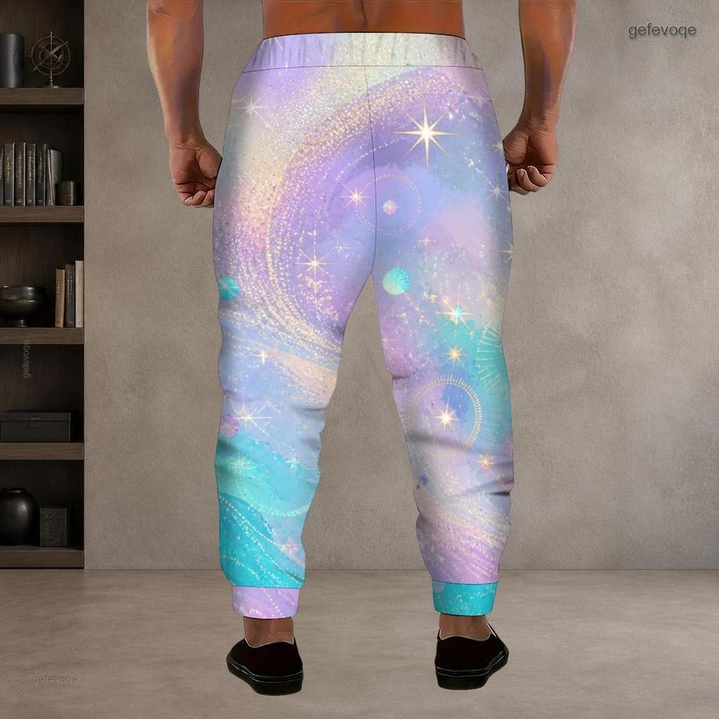 Men Plus Size Drawstring Waist Printed Teal Green Gem Heart Pattern Jogger Pants Cuffed Ankle With Side Pockets Long Trousers