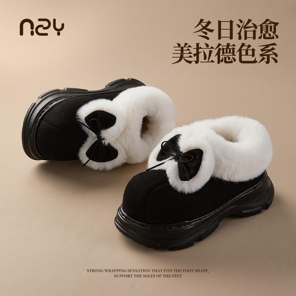 2025 new bow cotton shoes home indoor velvet warm outer wear heightening non-slip snow boots