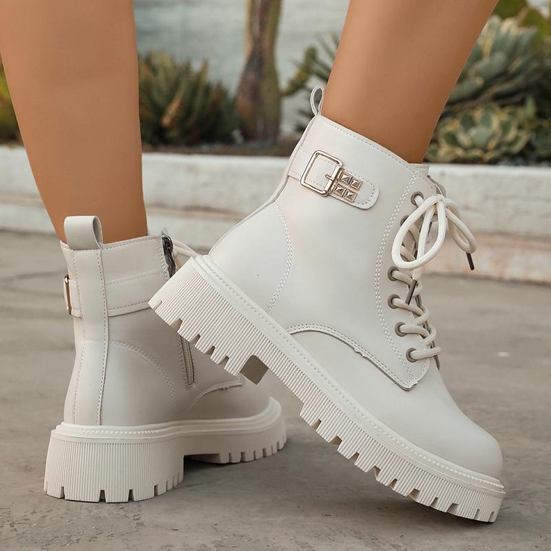 Fashion Black PU Leather Ankle Boots for Women 2025 Autumn Winter Warm Short Plush Booties Woman Fashion Buckle Platform Combat Boots