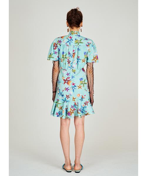 Greedius Ocean Pearl Print Shirred Dress