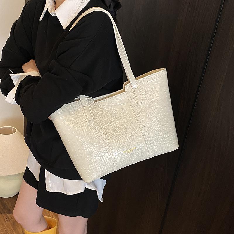 Premium Sense Solid Color Simple Crocodile Pattern Large Capacity Tote Bag Women's 2025 New Trend Fashion Versatile Shoulder Bag