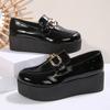 Fashion Black Chunky Wedges Loafers Shoes for Women Fashion Metal Chain Slip On Platform Shoes Woman Plus Size Patent Leather Shoes 43