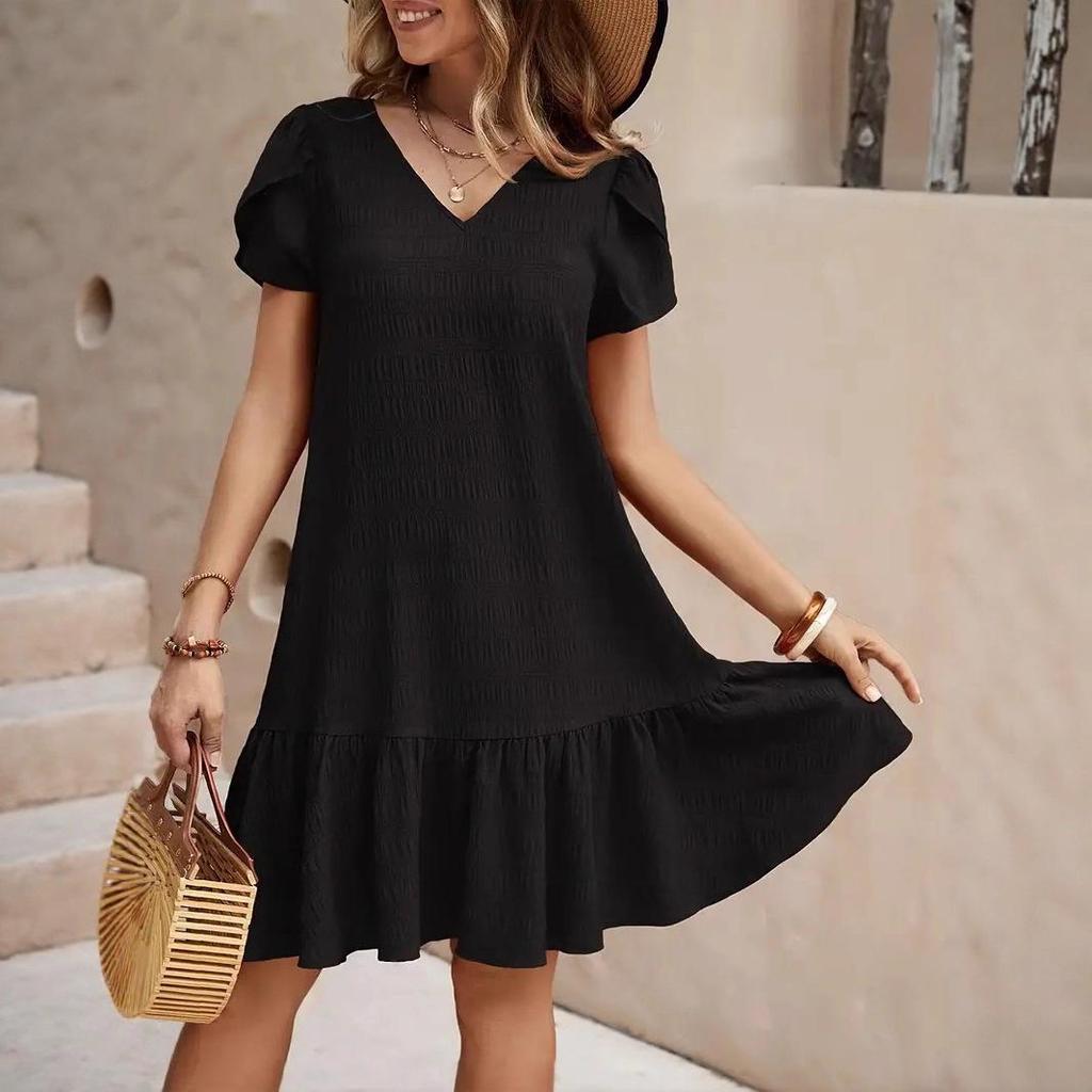 2026 V-Neck Solid Color Loose Casual Short-Sleeved Dress