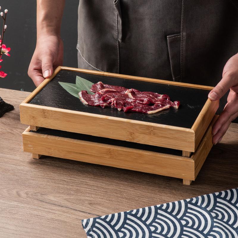 Black Rock Dining Plate Japanese Style Personalized Creative Commercial Bamboo Wood Barbecue Stone Plate Tableware Plate
