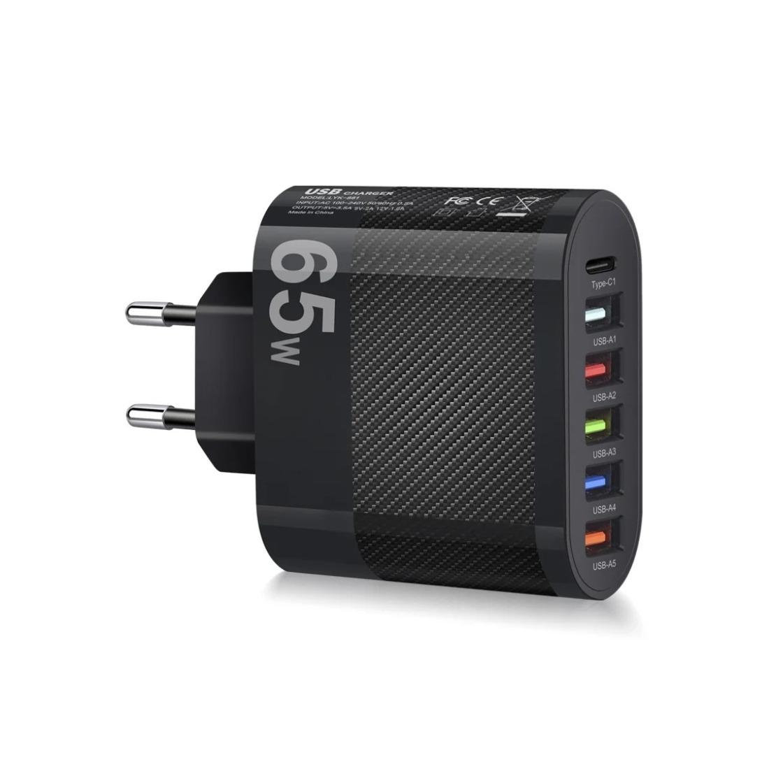

65W 6 In 1 5 USB 1 Type C Quick Charging Fast Wall Charger for IPhone Samsung Xiaomi Huawei Oppo Mobile Phone Adapter EU Plug чорний