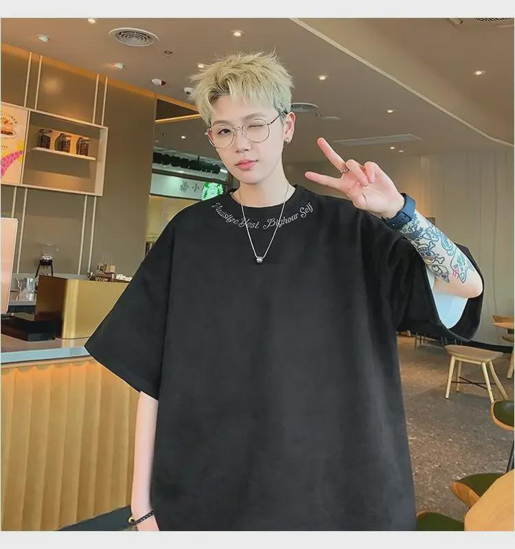 Men's American Retro Embroidered Short-Sleeve T-Shirt - Heavyweight, Trendy High Street Summer Loose Casual Top