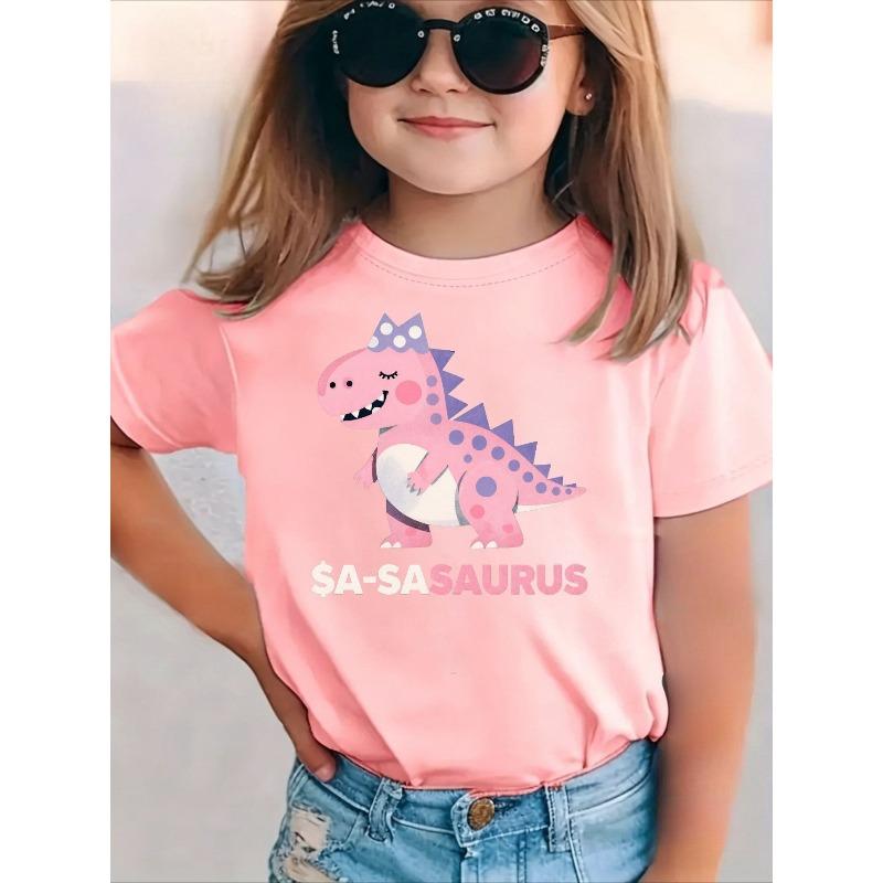 Girls Crew Neck Short Sleeve T-Shirt with Cartoon Pink Dinosaur Print