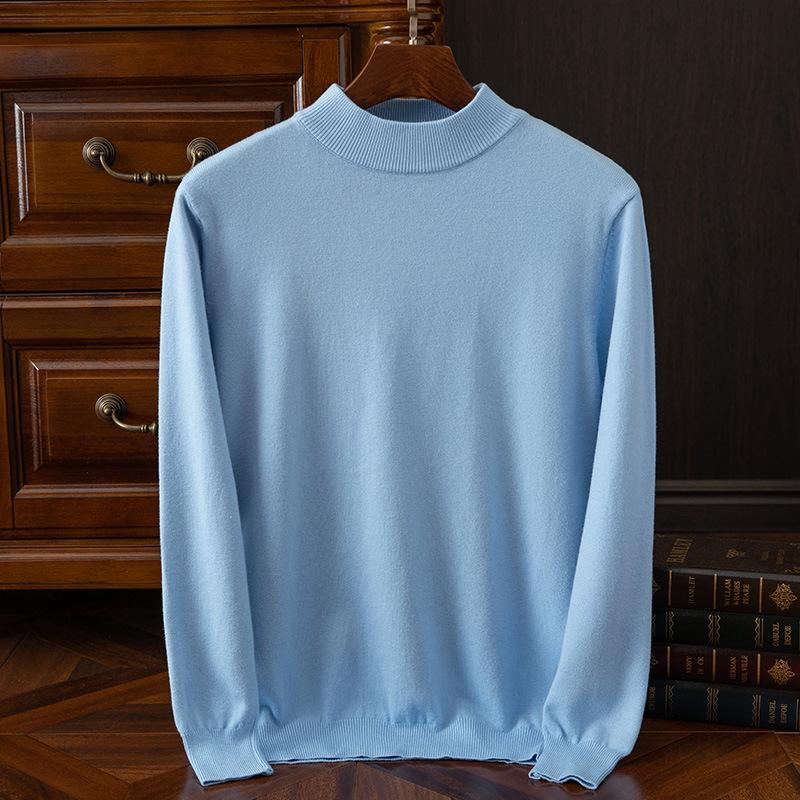 Autumn Winter Half Turtleneck Men s Pullover Bottoming Shirt Casual Business Loose Fashion Solid Long Sleeved Sweater S светло-синий