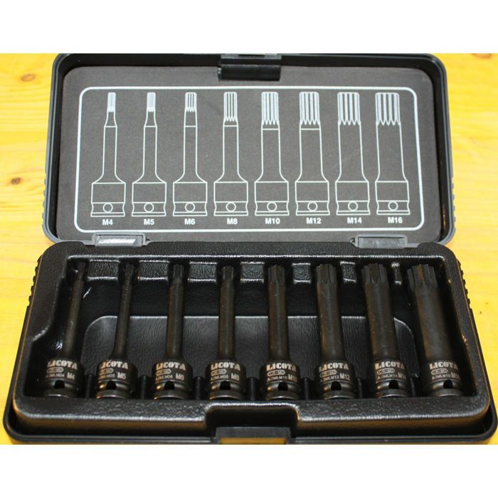 Spline Impact Socket Set M4-M16 Cr-Mo Steel 8 Pieces, 3/8 Inch