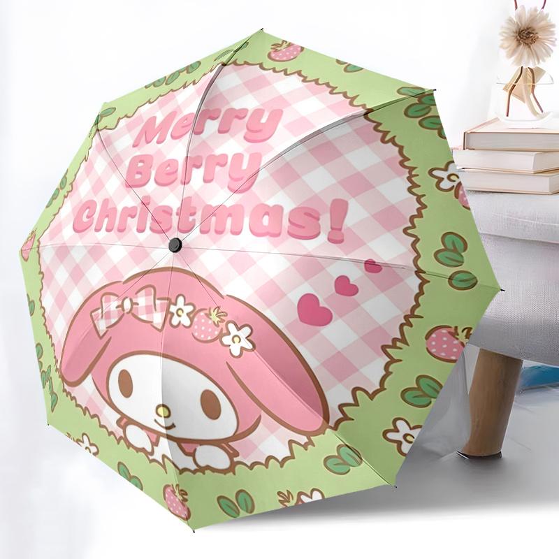 1pc My Melody Cafe Merry Berry Christmas! Automatic Folding Umbrella - Portable Tri-Fold Design with Iron Frame, Outdoor, Festive Gift for Fans, Trave