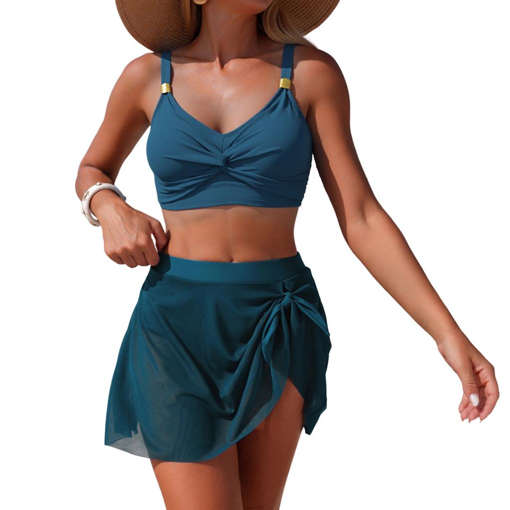 Women two piece bikini set with ruched bralette top and wrap swim skirt high waist tummy control bathing suit