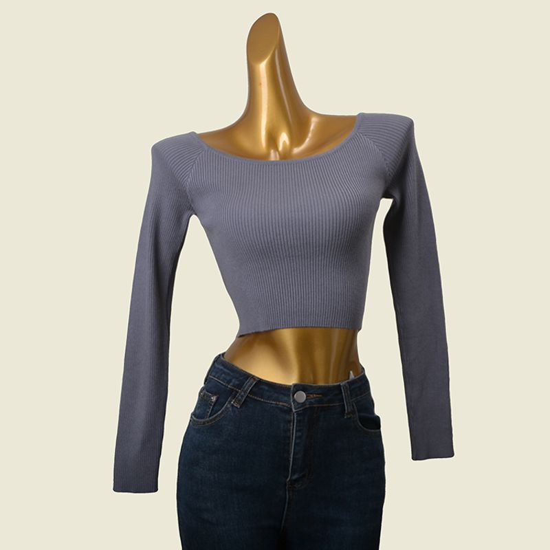 Off-the-Shoulder Sweater Fashion Wind Thread High Elastic Sunken Stripe Early Autumn Inner Bottoming Shirt Silm High Waist Show Belly Tops