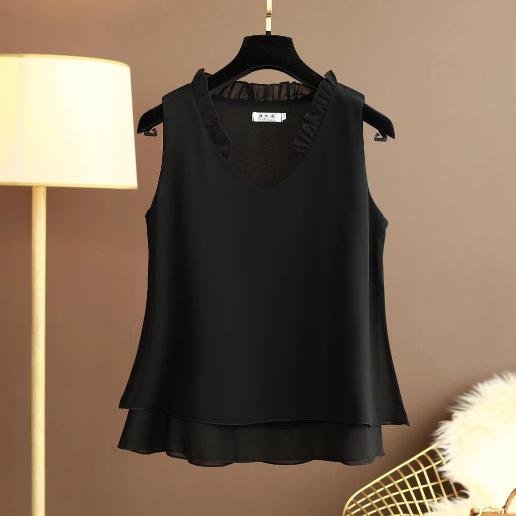 Women's Summer Solid Color V-Neck Plus Size Chiffon Shirt Design Loose Sleeveless Bottom Tank Top