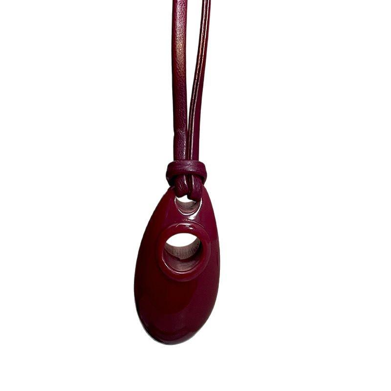 Korean Sunflower Oval Burgundy Pendant Necklace - High-End Women's Sweater Chain 2024