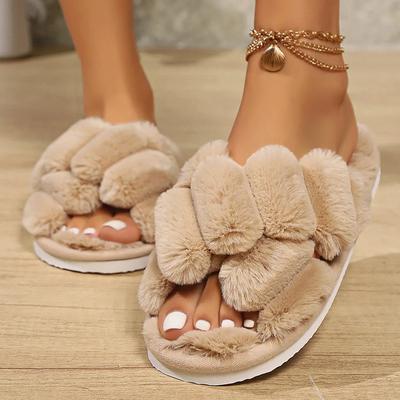 Mode Mode Korsrem Fluffiga Tofflor Kvinnor Vinter Hemma Peep Toe Plysch Päls Tofflor Kvinna Platt Klack Håll Varmt Bomull Tofflor Skor
