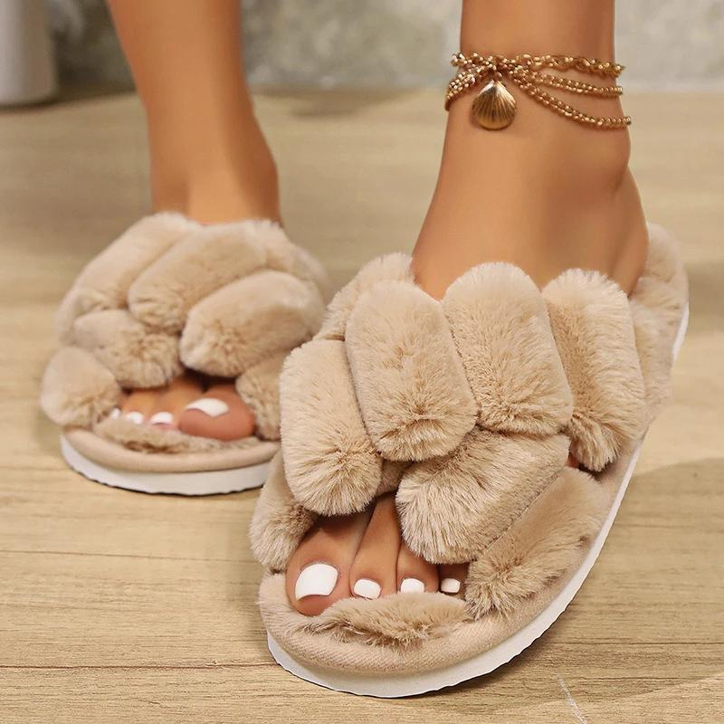 Cross Strap Fluffy Slippers Women Winter Home Peep Toe Plush Fur Slippers Woman Flat Heel Keep Warm Cotton Slides Shoes