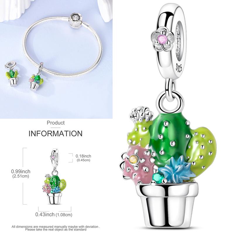 Neuer 925er Silber Kaktus Kleeblatt Anhänger Frühlingsgrüne Serie Perlenanhänger Für Original Perlenarmband DIY Schmuck