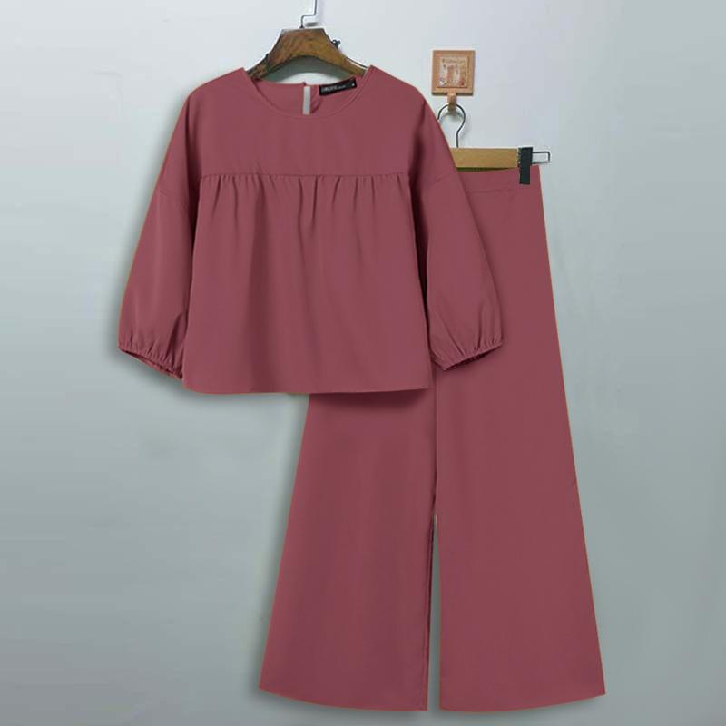 

ZANZEA Женская блузка с длинным рукавом и брюки повседневный комплект из двух частей 3XL кларет