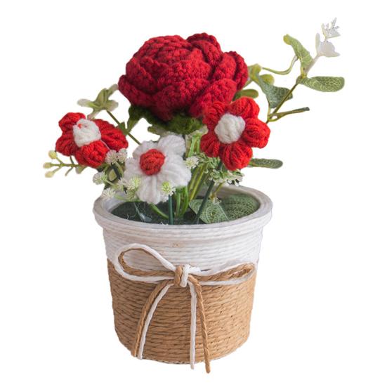 Handmade Crochet Flower Bouquet with Pot, Cute Little Knitted Potted Flower for Car Dashboard, Home Office Decoration, Gift for Birthday, Anniversary