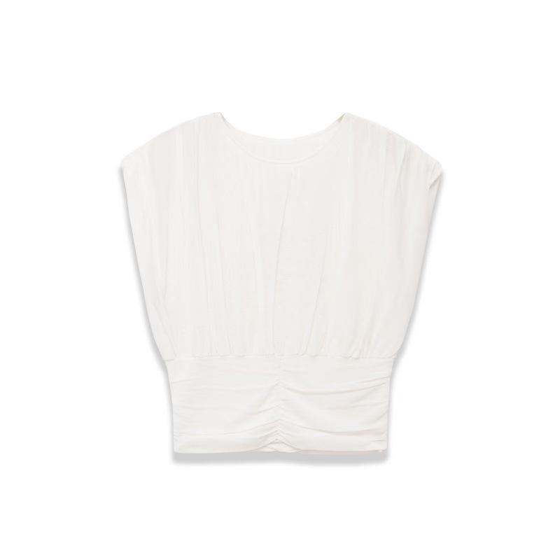 Spring 2026 European & American Style Solid Pleated Knit Short-Sleeve Top Small белый