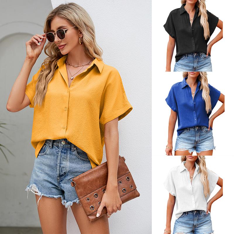 Damen Leinen-Kurzarmbluse, lässiges T-Shirt, Sommerurlaub, Damen-Fledermaus-Top