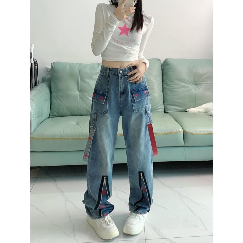Straight Retro Zipper Star Work Jeans for Men and Women High Street Wide Leg Pants