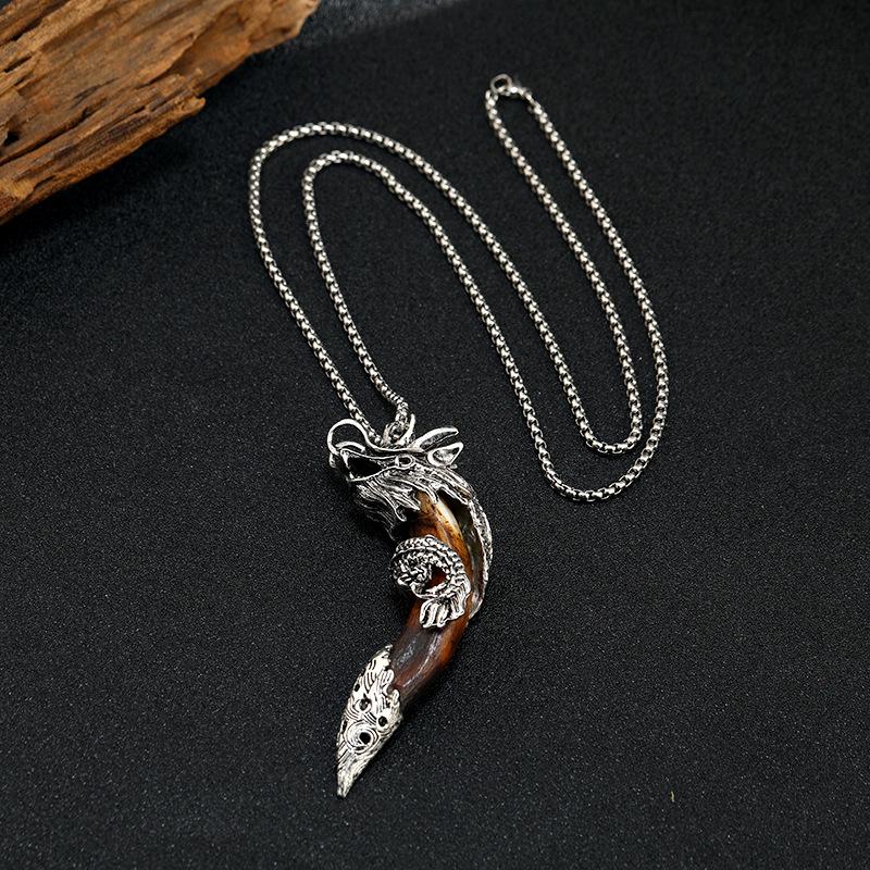 Panlong Wolf Tooth Niche Titanium Steel Necklace Tibetan Silver Inlaid Real Dog Tooth Pendant Men's and Women's Personalized Retro Pendant