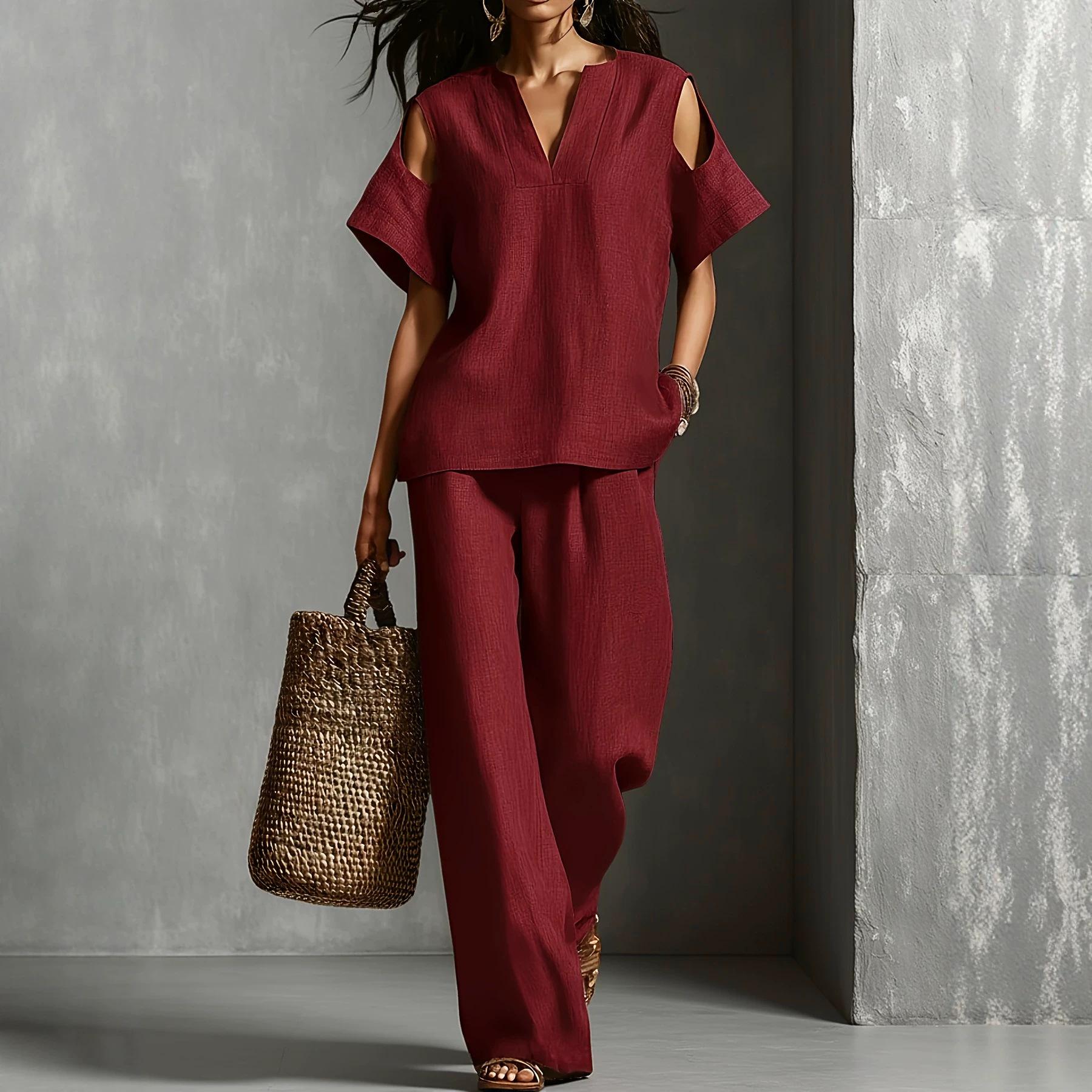 

Women Blue Cold Shoulder Two Piece Set V Neck Short Sleeve Top and Wide Leg Pants Summer Casual Tracksuit 5XL