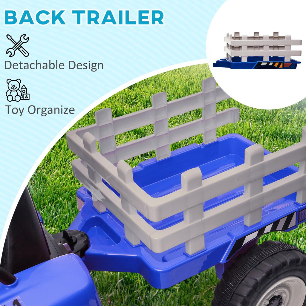 Ride On Tractor, Battery Powered Electric Car, with Detachable Trailer, Remote Control, Music, Blue
