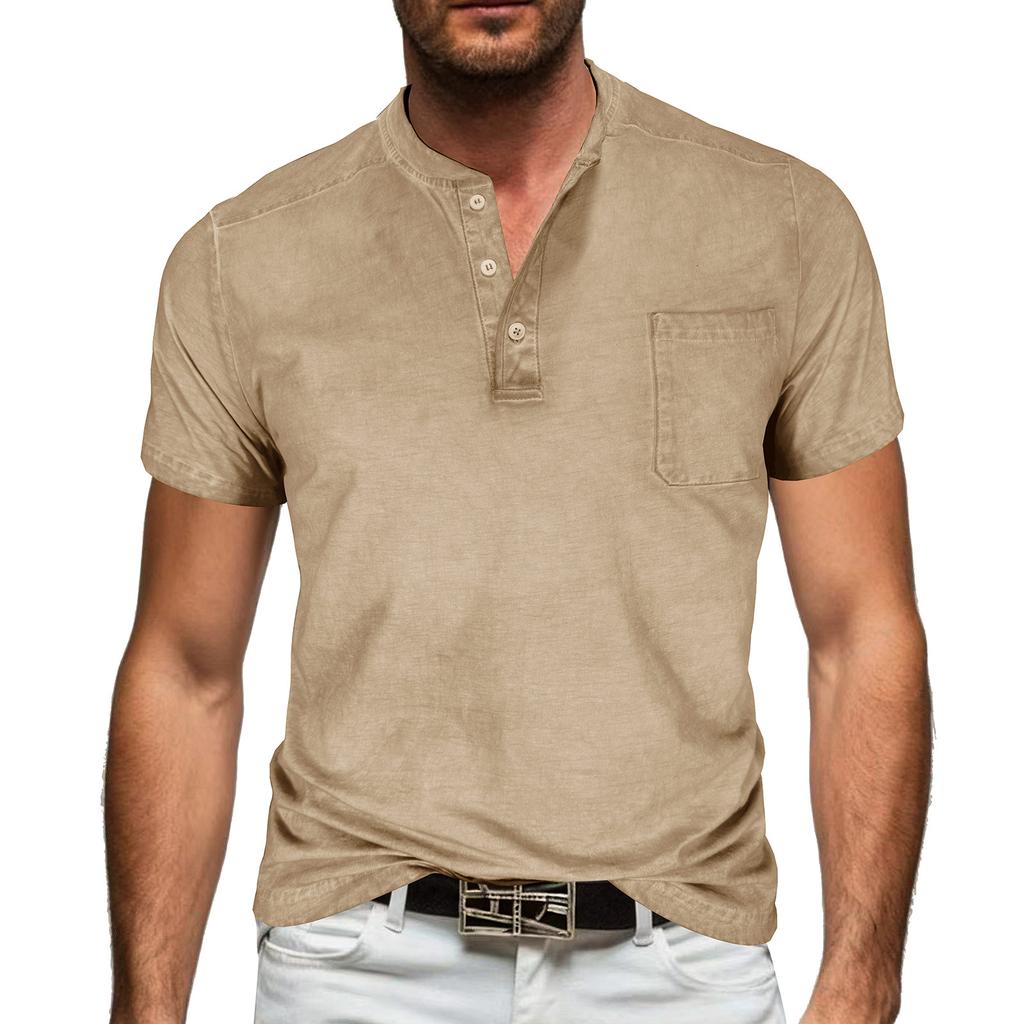 Men Henley Neck Short Sleeve T Shirt Casual Pocket Design Button Up Lightweight Soft Fabric Top for Daily Wear