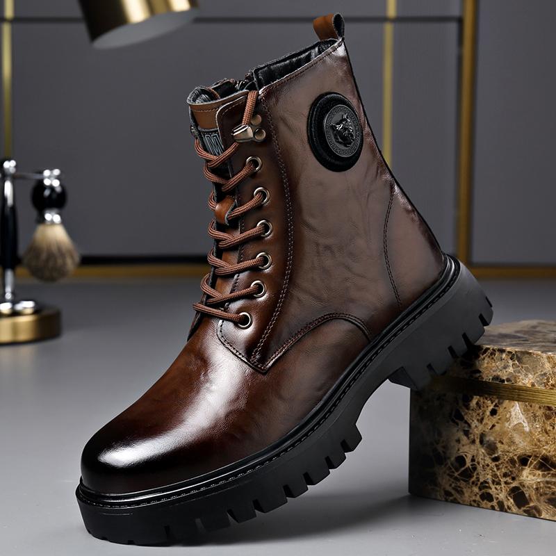 Genuine Leather Platform Boots High Top Motorcycle Shoes  Fashion Punk Mid-Calf Boots Luxury Brand Mens Winter Plush Snow Botas