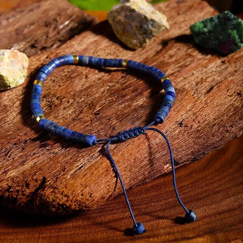 Bohemian Natural Lapis Lazuli Braided Bracelet, Adjustable Beaded Spacer Stone Wrist Chain