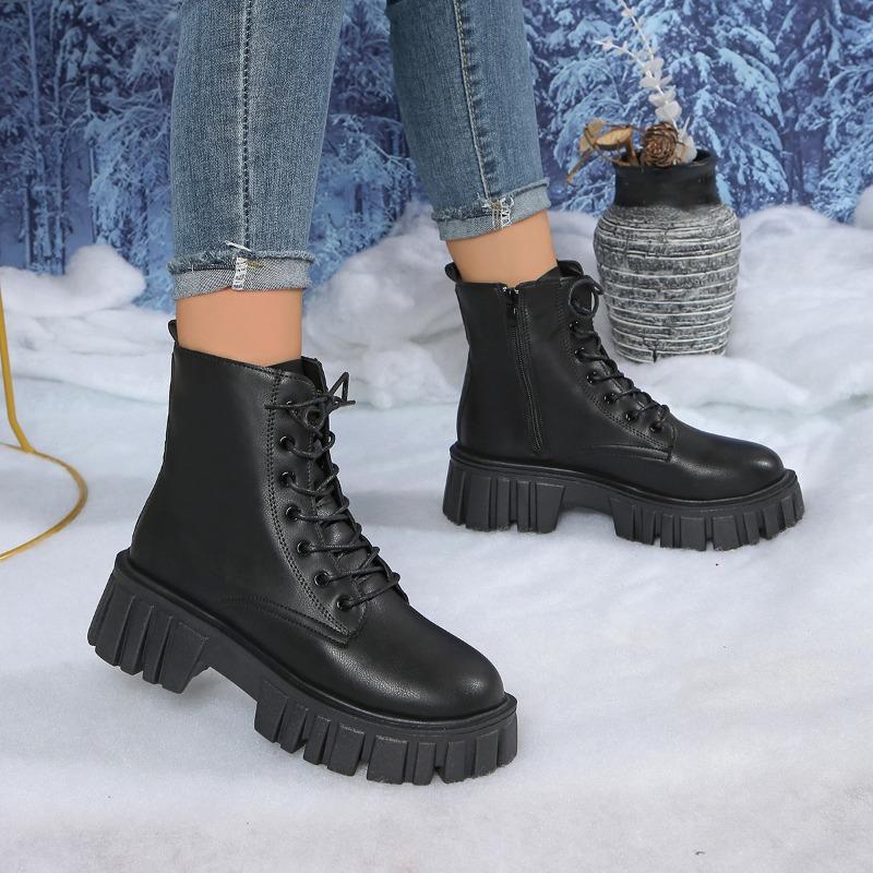 New Heightened Platform British Booties Women'S Round Toe Lace-Up Zip Soft Slip Booties