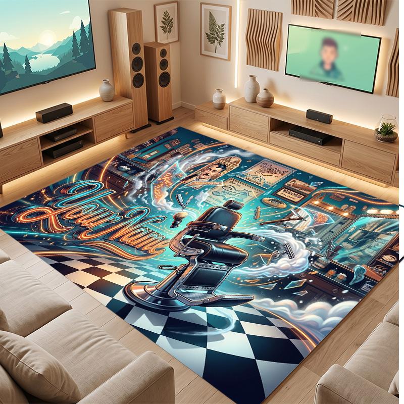 Barber Salon Theme Soft Crystal Velvet Rug Custom Name & Text Print Non Slip Floor Rug for Bedroom Living Room