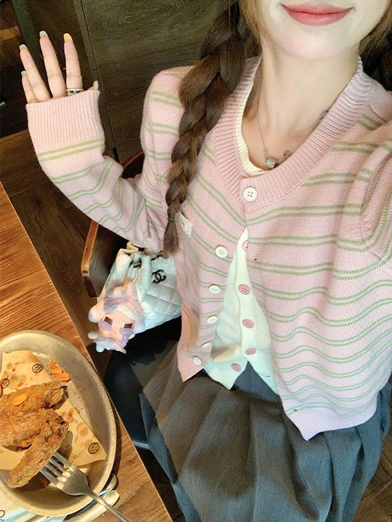 Striped Faux Two-Piece Knit Cardigan, Autumn 2025 - One Size Versatile Korean Style