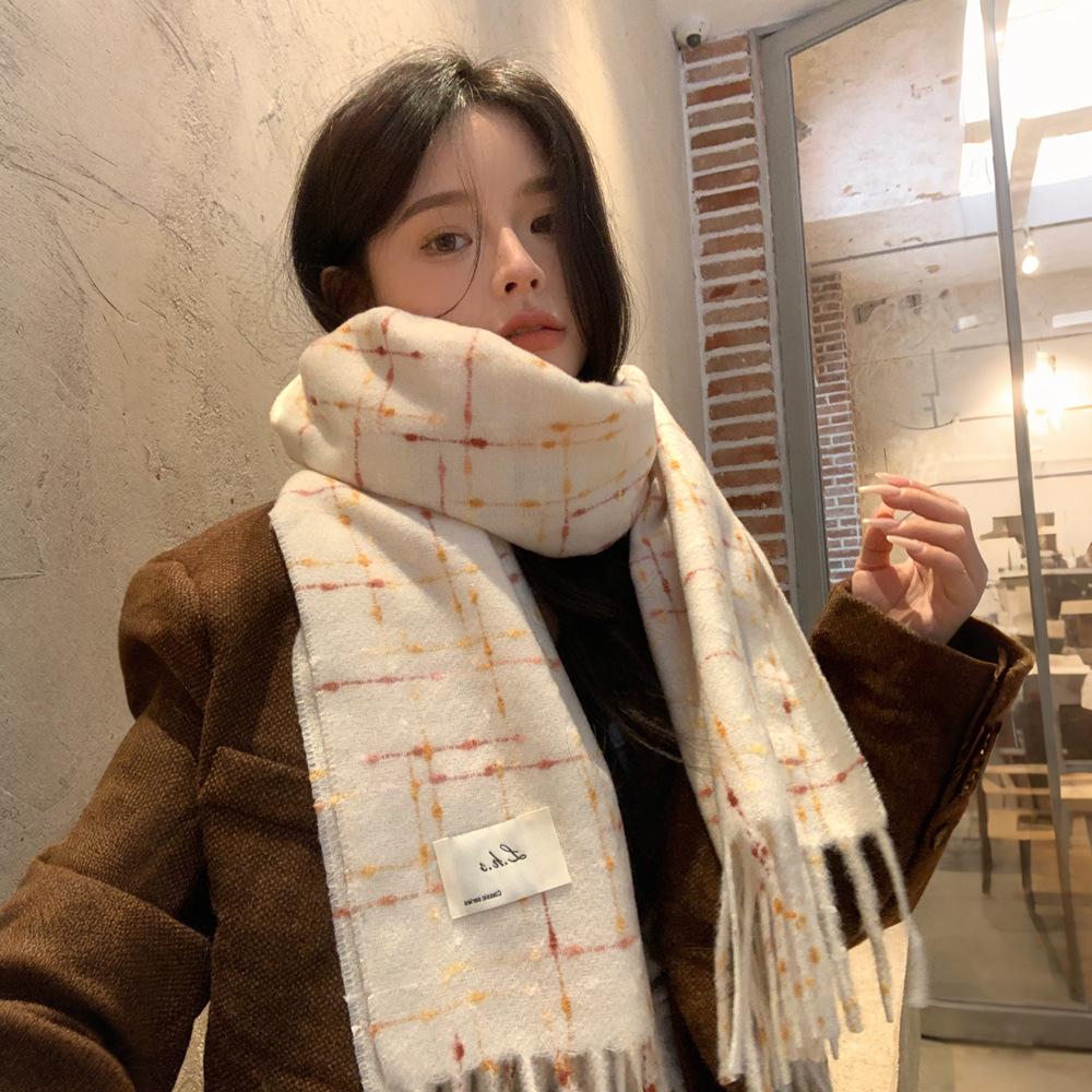 White Plaid Scarf, Women's Winter High-end Sense Versatile Scarf, Student Japanese Color Dot Shawl, Warm and Thickened Outside