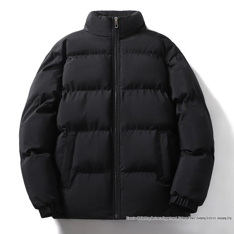 Men's Solid Color Stand Collar Cotton Jacket - Thick, Warm, Loose-Fit for Autumn/Winter