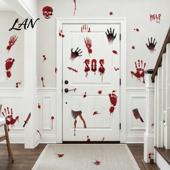 Creepy Text Halloween Decals Horror Stickers, with Spooky Handprints Footprints Printed, Wall Stickers Self-adhesive Decals, for Party And Decorations