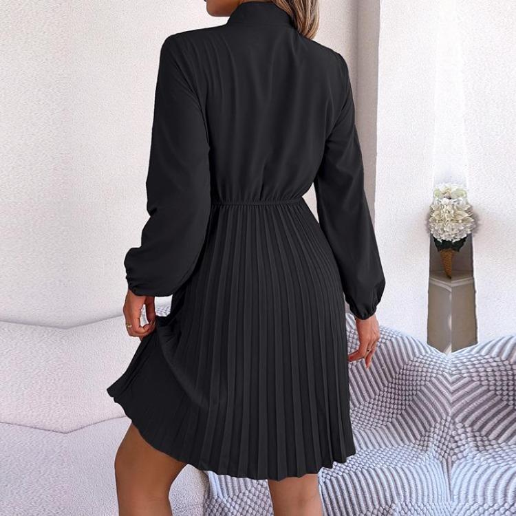 Elegant Høst Vinter Dame Snøring Høy Midje Langermet Plissert Ensfarget Kjole