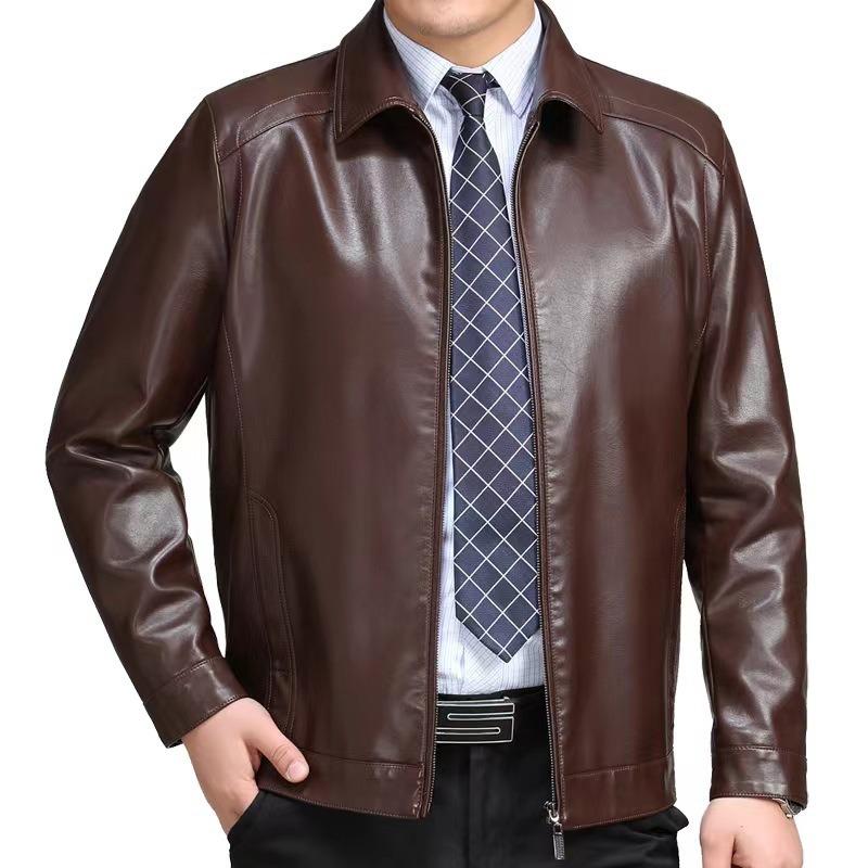 Jaqueta de couro pu masculina de meia-idade, casaco de couro grosso com lã, gola de lapela casual, primavera, outono e inverno
