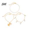 Bohemian Anklet Beach for Women, Starfish Shell Fish Tail Pendant Boho Jewelry Bracelet, Layered Faux Pearl Foot Chain Summer Vacation Charm