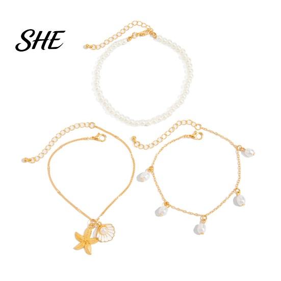 Bohemian Anklet Beach for Women, Starfish Shell Fish Tail Pendant Boho Jewelry Bracelet, Layered Faux Pearl Foot Chain Summer Vacation Charm