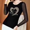 Diamond Mesh Bottoming Shirt Thin Long Sleeved Spring Autumn New Elastic Tshirt Round Collar Black Top L-4XL