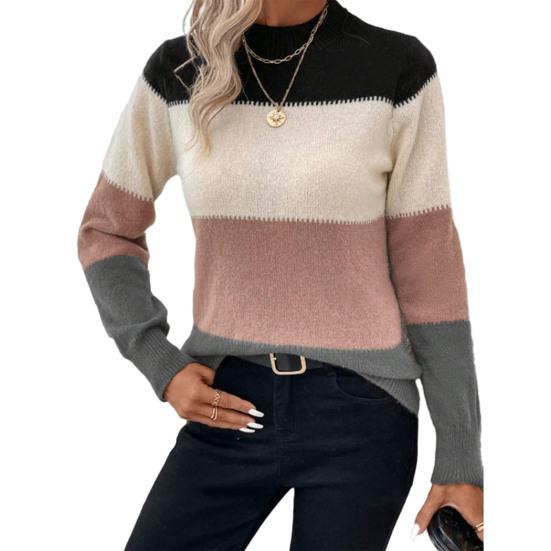 Women Knitting Tops Round Neck Knitted Pullover Tops Long Sleeve Color Blocked Loose Hem H-Shaped Warm
