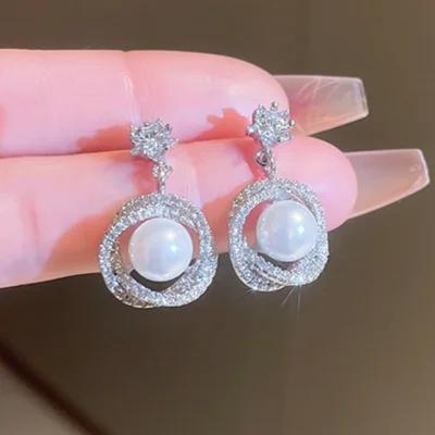 Simple Stylish Simulated Pearl Earrings with Cubic Zirconia Fashionable Women Silver Color Luxury Trendy Jewelry
