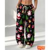 Funny Santa Claus Print Women's Pants Cartoon Christmas Reindeer Pattern Wide Leg Pants Autumn Fashion Casual Loose Home Pants