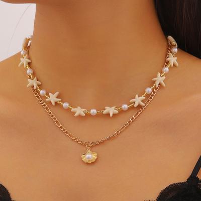 Bohemia Starfish Faux Pearl Necklace Lightweight Hypoallergenic Women Shell Pendant Golden Chain Necklace Ocean Beach Neck Jewelry