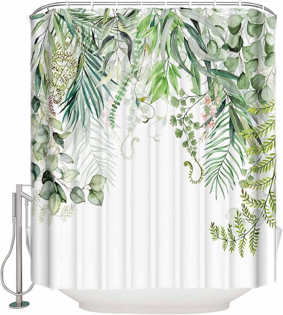 Green Shower Curtain for Bathroom, Eucalyptus Leaf Greenery Leaves Floral Watercolor Shower Curtain Set, Waterproof Polyester