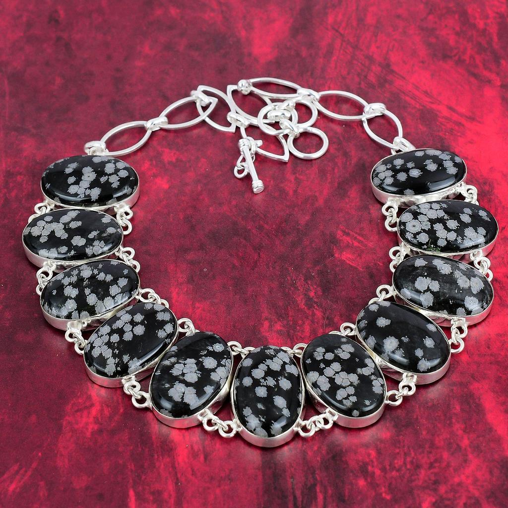 Bijuterii cu pietre prețioase obsidiane fulgi de nea, brățară și colier din argint solid 925, set de bijuterii obsidian, bijuterii orbitoare realizate manual pentru dragoste